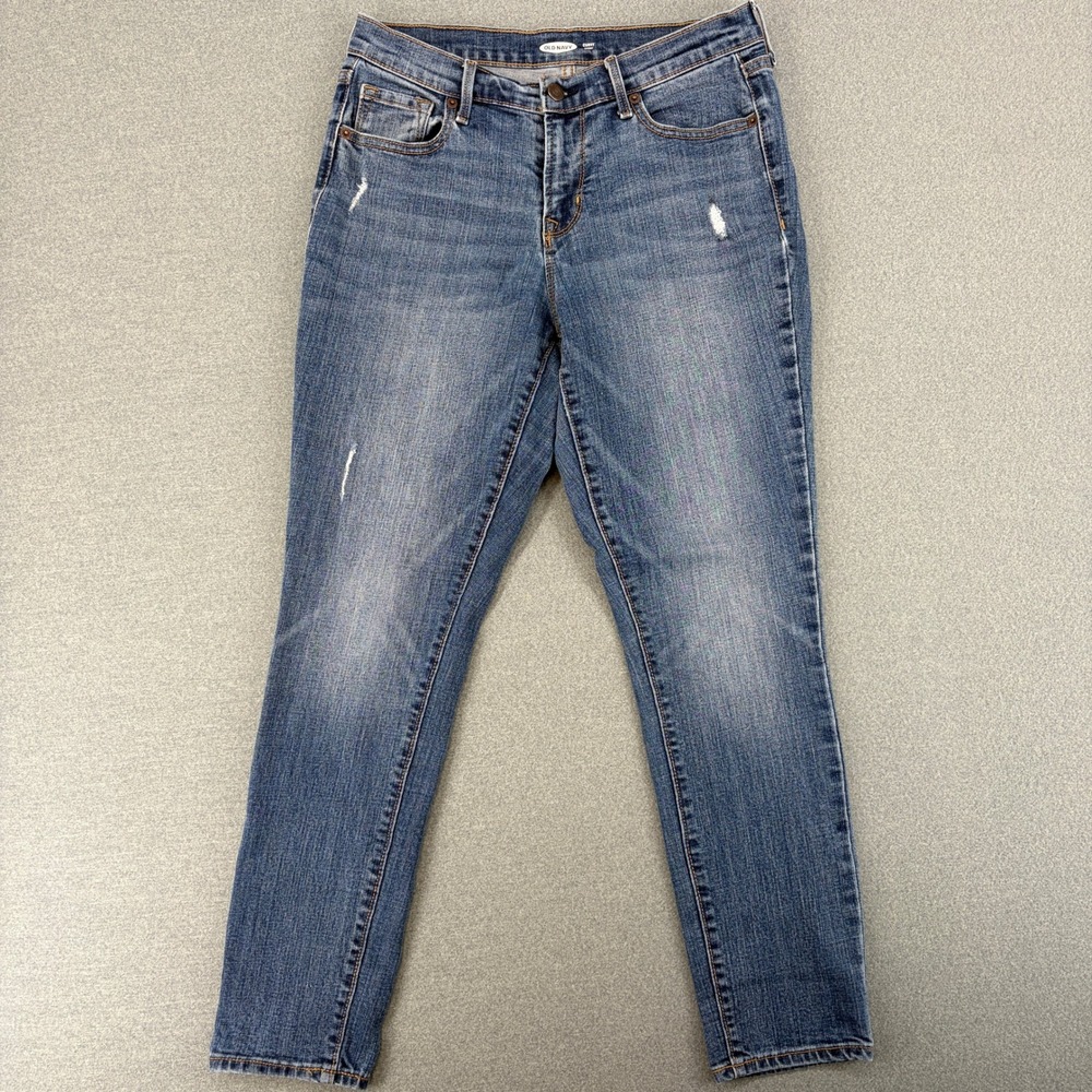 Old Navy Curvy‎ Skinny Jeans Women 10 Blue Med Wash Mid Rise Distressed Stretch